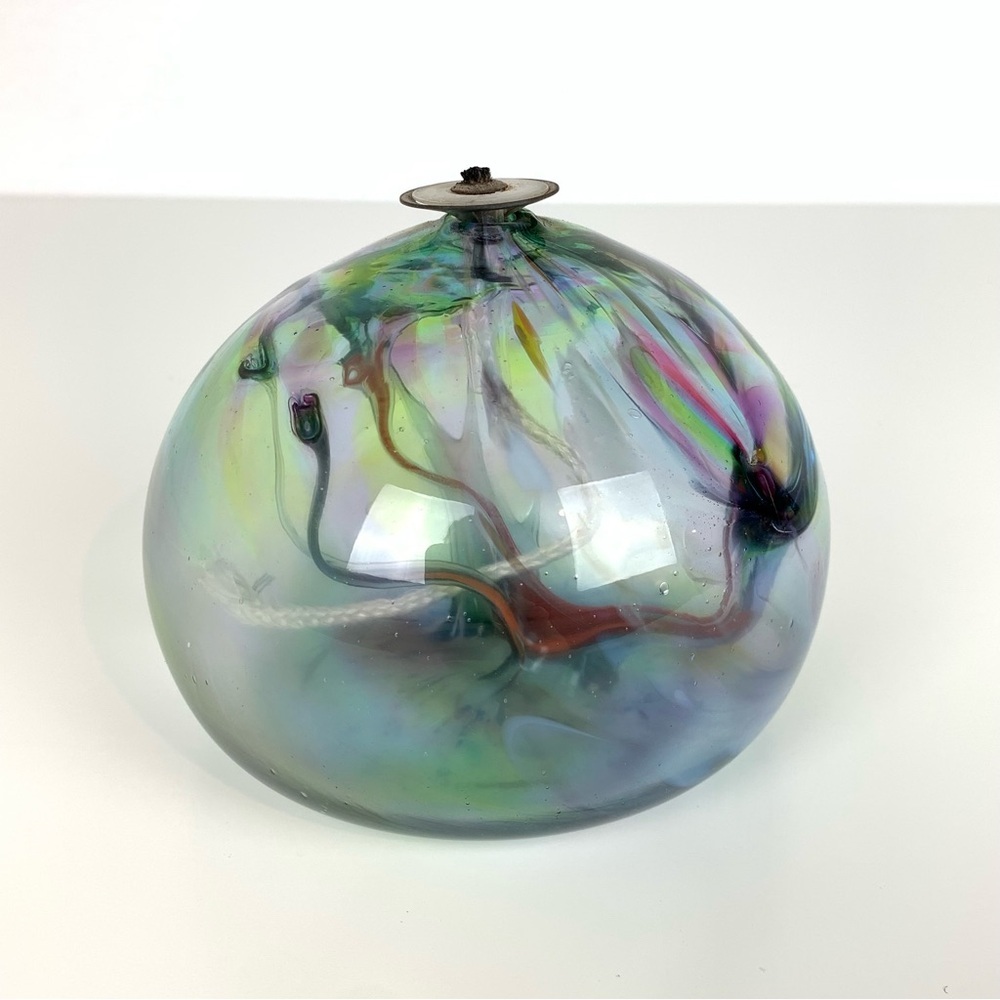 Handblown Signed Glass Oil Lamp Witches Ball Strands Multicolor Vtg 3 Corbeaux